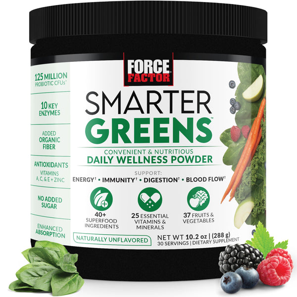 FORCE FACTOR Smarter Greens Daily Wellness Powder, Greens Superfood Powder to Support Gut Health, Bloating, & Digestion, with 40+ Superfoods, 125 Million CFUs of Probiotics, Unflavored, 30 Servings