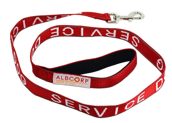 Albcorp Service Dog Leash - Embroidered- with Padded Neoprene Handle and Reflective threads, 4 Feet, for Harnesses, Vests or Collars, Red