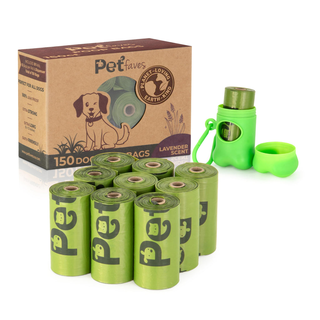Pet Faves Eco-friendly Dog Poop Bags -100% Leak-Proof, Strong and Extra Long Doggie Poop Bags for Dogs and Cats waste bag, Lavender Scented - 150 Bags (1 pack)