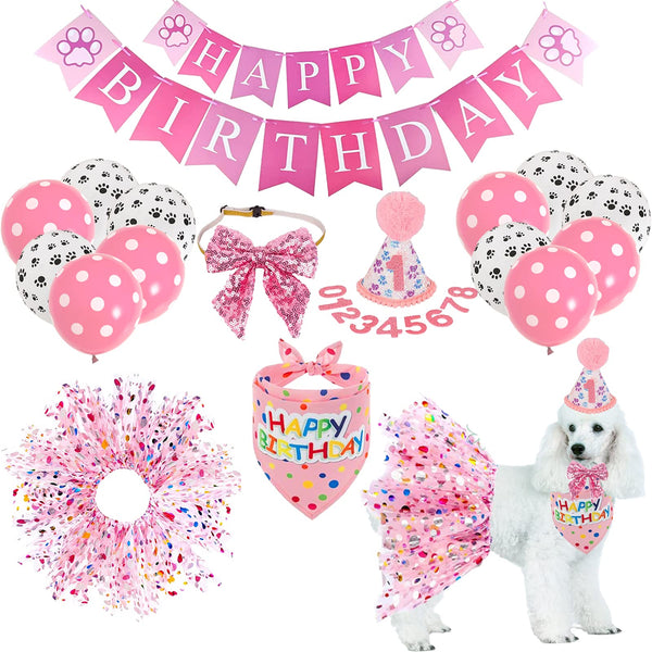 Dog Birthday Bandana Hat Girl Dogs Birthday Party Supplies Red Bowtie Dogs Tutu Skirt for Girl Dog Birthday Decorations