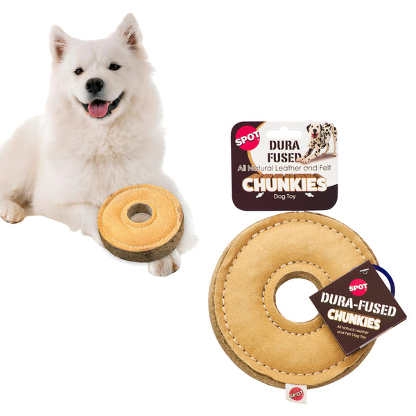 SPOT Dura-Fused Chunkies Ring - All Natural Leather and Felt Dog Toy - No Squeak, No Fluff, Durable, Extra Thick Dog Chew Toy for Aggressive Chewers, Great for Adult Dogs and Teething Puppies, 6in