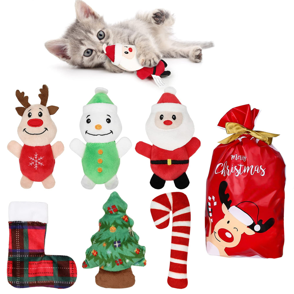 IOKHEIRA Christmas Catnip Toys for Indoor Cats Interactive Cat Toys Cat Stocking Toys Animal Toys Gifts Set with Candy Cane Toy Elk Christmas Tree Santa Claus Snowman for Cat Christmas Stocking