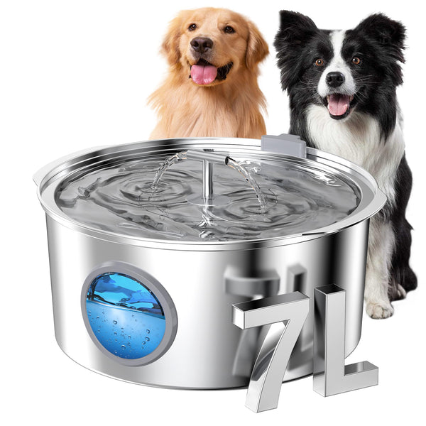 Dog Water Fountain for Large Dogs: 1.8Gal/7L Stainless Steel Dog fountains - Quiet Automatic pet Drinking Dispenser Indoor - Multiple Cats Watering Fountains for Pets Big Metal Bowls for Cats and Dogs
