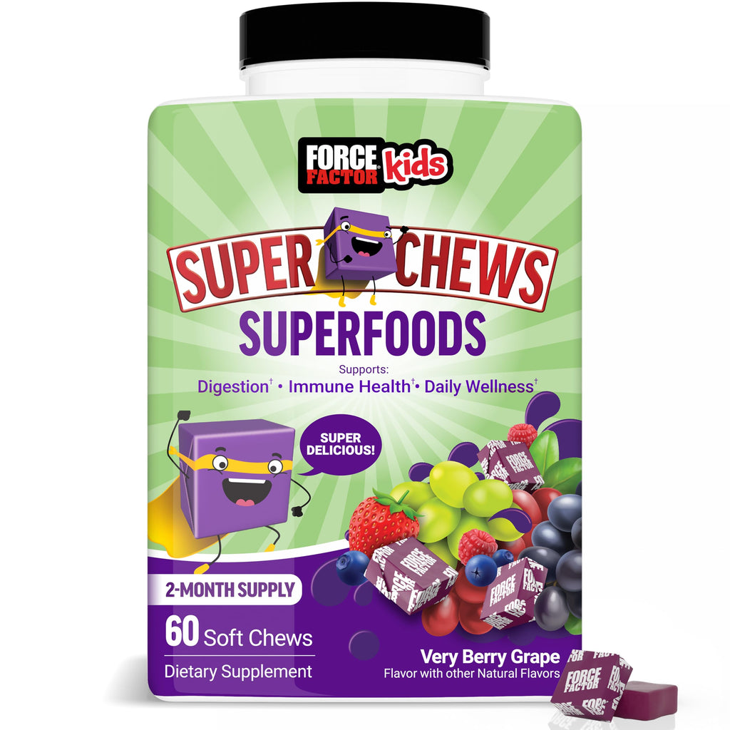 FORCE FACTOR Kids Superfood Super Chews, Kids Vitamins C & D, Immune Support Supplement with Antioxidant Support from Powdered Fruits & Veggies, 2-Month Supply, Very Berry Grape Flavor, 60 Soft Chews