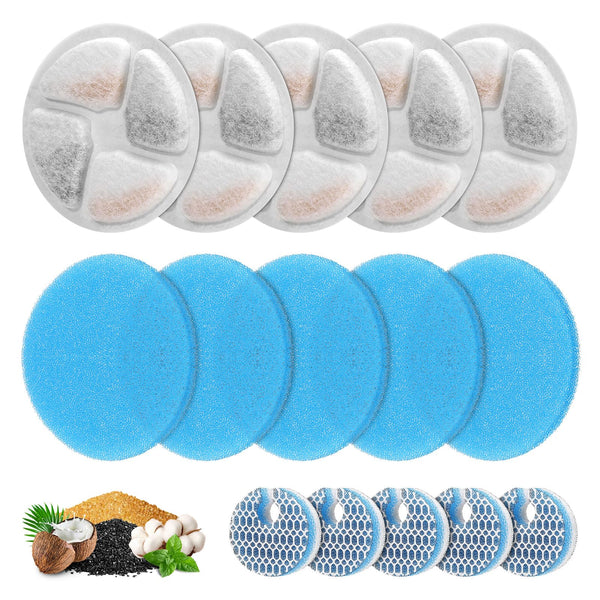 5 Set Cat Water Fountain Filter Replacement for Round 2L/67oz Stainless Steel Cat Fountain, ZEKIRY Pet Fountain Filter, Triple Filtration Replacement Filters(5 Filter, 5 Sponge, 5 8D Sponge)