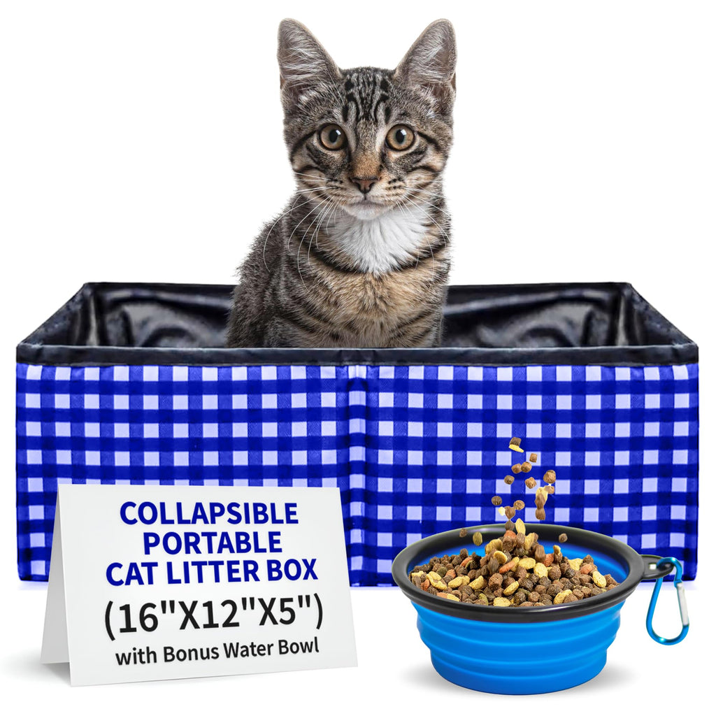 Pet Fit For Life - Vibrant Collapsible Travel Cat Litter Box - Portable, Foldable, Compact Design with Bonus Water Bowl - Ideal for Car & Camping - Reusable, Cats Safe - Blue, (16"x12"x5")