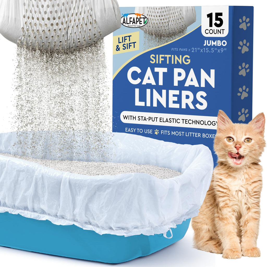 Alfapet Sifting Cat Litter Box Liners - Jumbo 15 Count, Pack of 5 - Tear-Resistant Cat Litter Bags, Waterproof Kitty Litter Liners, Fits Litterbox Pan Sizes X-Large, X-Giant, 37" x 18" 30 lb Capacity