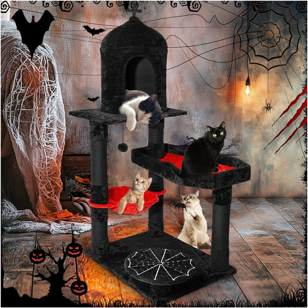 Gothic Cat Tree with Coffin Bed, 55" Goth Cat Tower with Spacious Cat Condo, Scratching Posts, Hanging Spider, Hammock, Halloween Spooky Black Cat Tree Multi-Level Activities Furniture for Large Cats