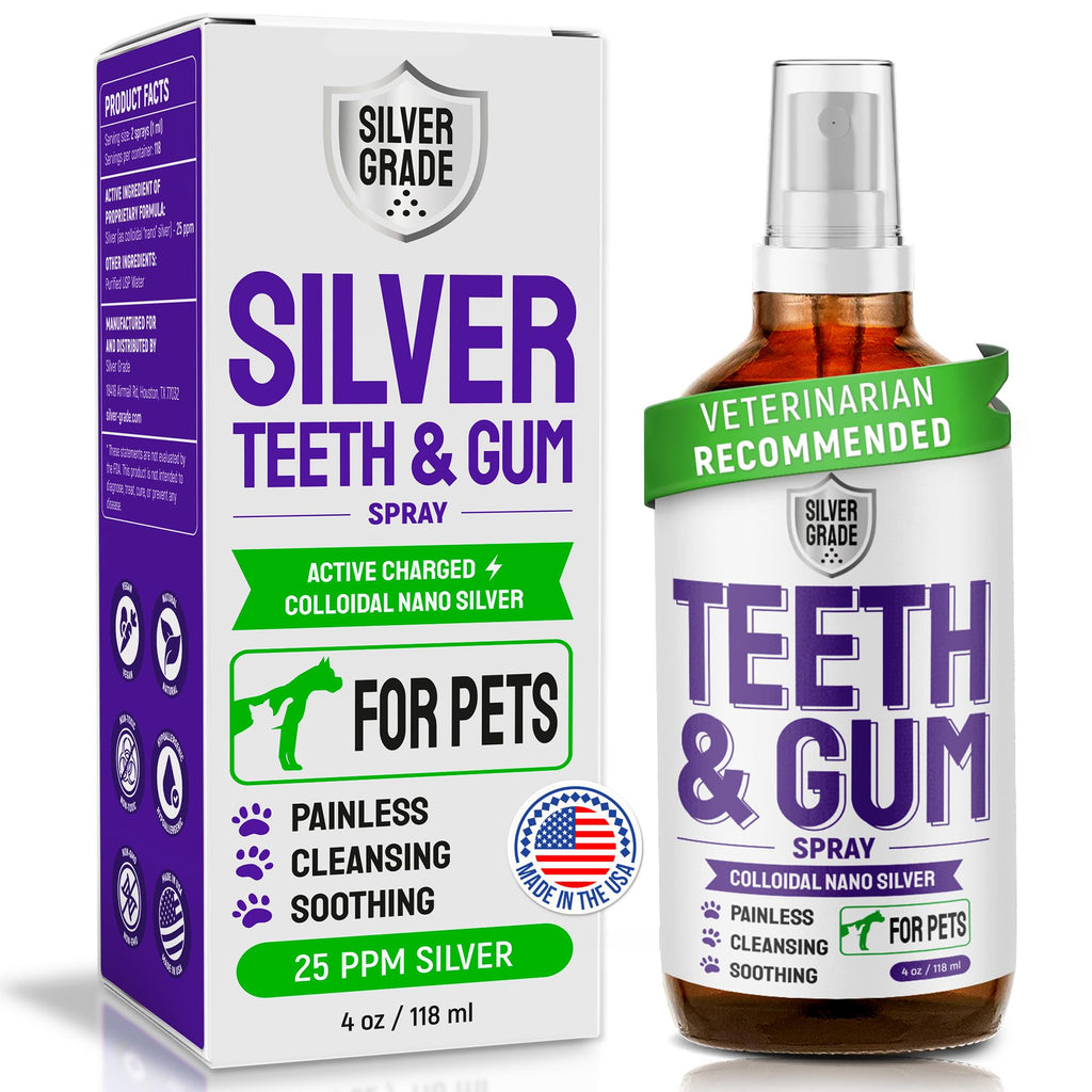 SILVER GRADE Teeth & Gum Spray for Pets – Dental Formula for Dog Mouth Rinse & Cat Mouth Care – Dog Fresh Breath, Clean Teeth, No Pain Or Burning – Plaque and Tartar Remover (4 Oz)