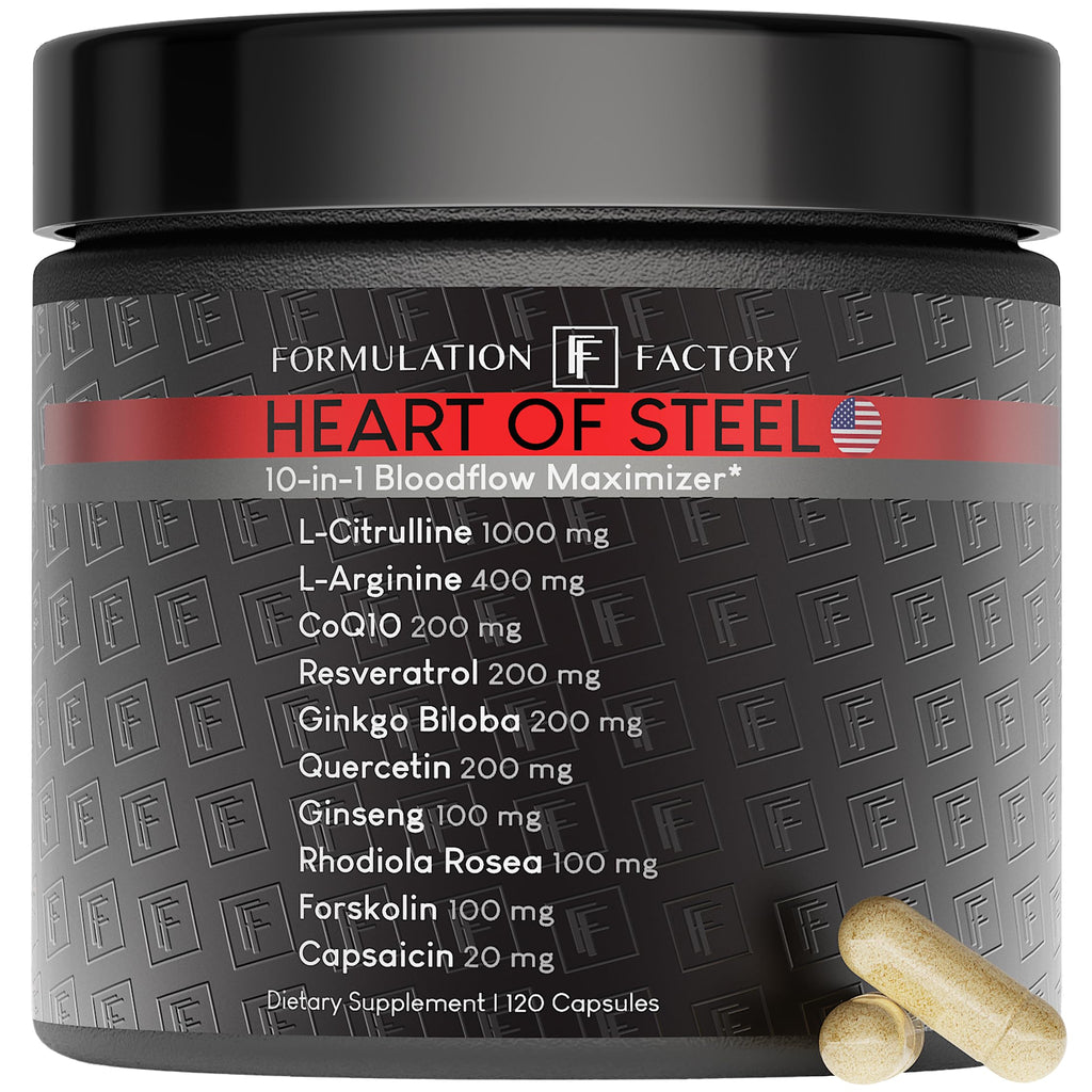 Formulation Factory Heart of Steel Nitric Oxide Supplement - L Citrulline & L Arginine Blood Pressure Supplements - Natural Pre-Workout: Energy Management - 120 Capsules, 1 Month Supply