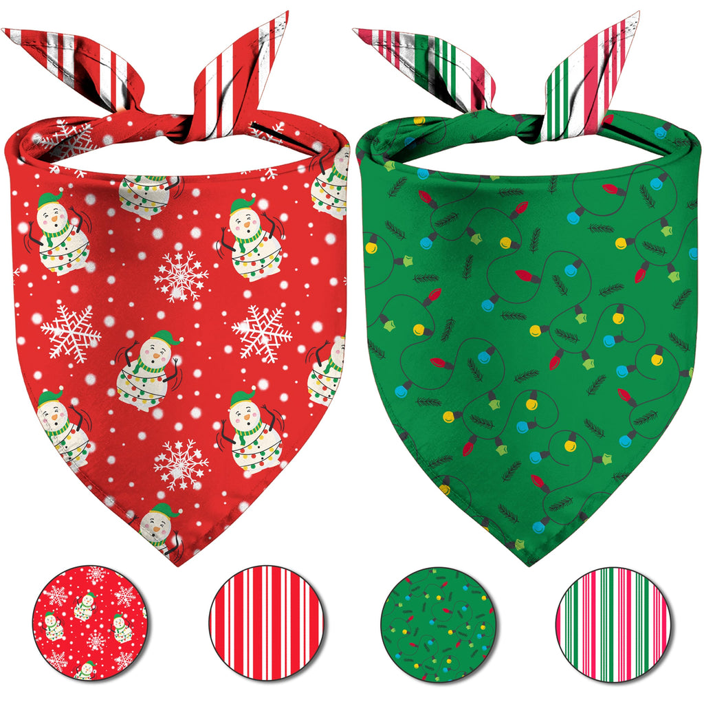 Christmas Dog Bandanas, Snowman and Lamp String Merry Christmas Dogs Scarf Reversible 2 Pack Holiday New Year Puppy Dog Kerchief Pet Gifts (Christmas-02)