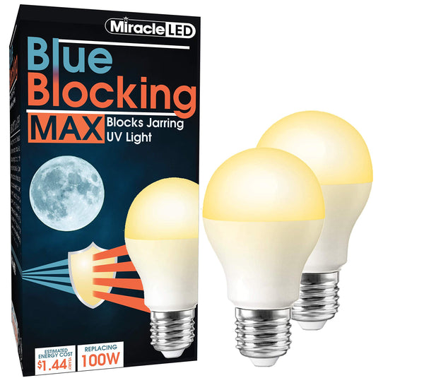 Miracle LED 12W Blue Blocking MAX Warm Yellow Sleep Bulb Replacing Up to 100W to Replicate Setting Sun and Produce Melatonin Organically (2-Pack), Amber Glow, 609019