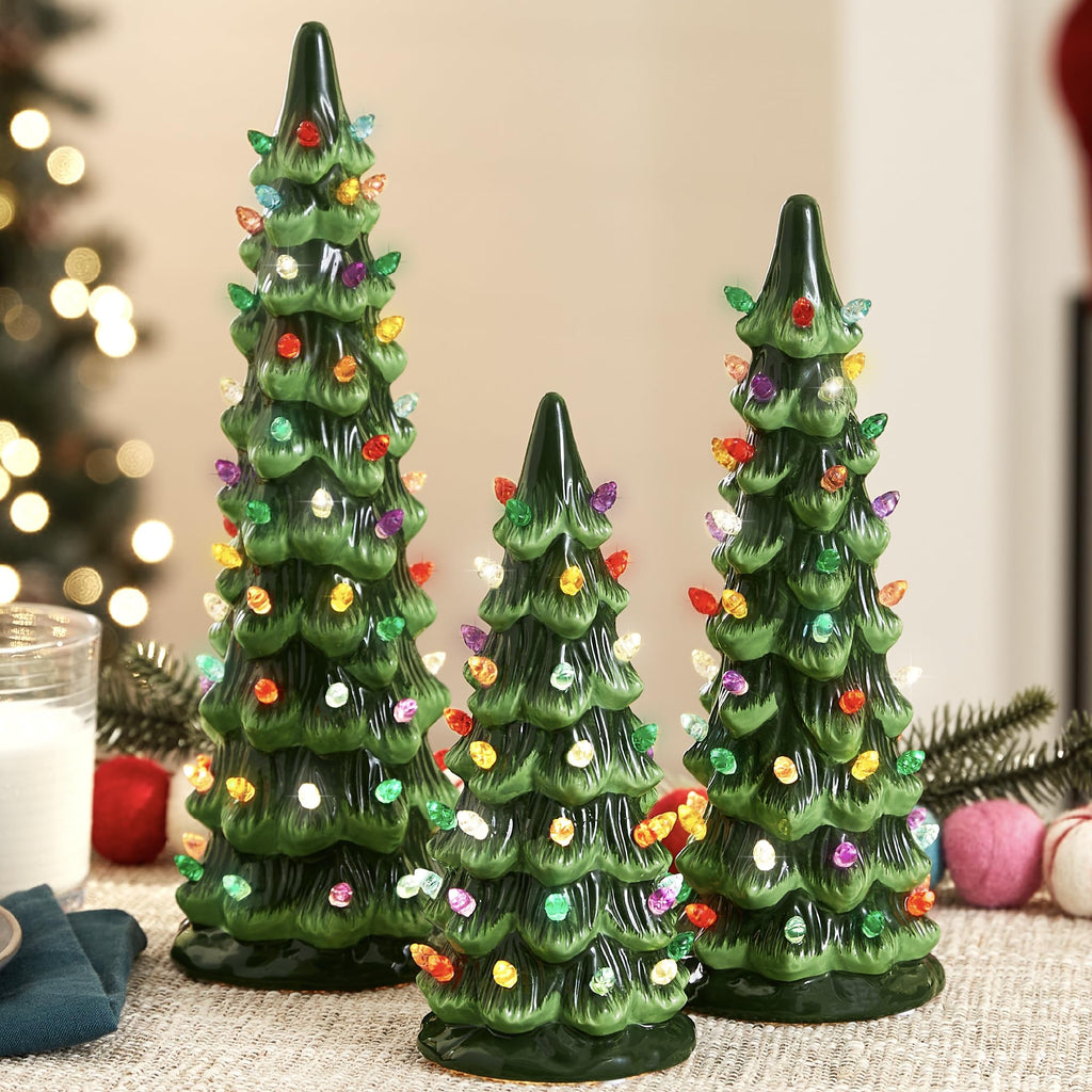 Best Choice Products Set of 3 XL Ceramic Christmas Trees, Pre-Lit Hand-Painted Tabletop Holiday Décor w/Multicolor Bulbs, LED Lights – Green