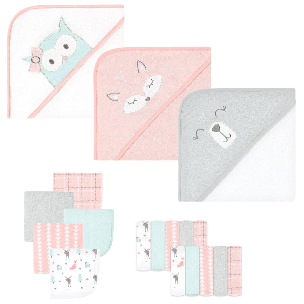 Hudson Baby Unisex Baby Animal Hooded Towel 3pk and 15 Washcloths, Girl Woodland, One Size