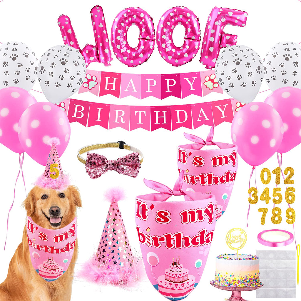 Dog Birthday Party Supplies - Girl Bandanas Set With Hat, Scarf, Banner, Balloons and Bowtie - Puppy Pals Party Decorations