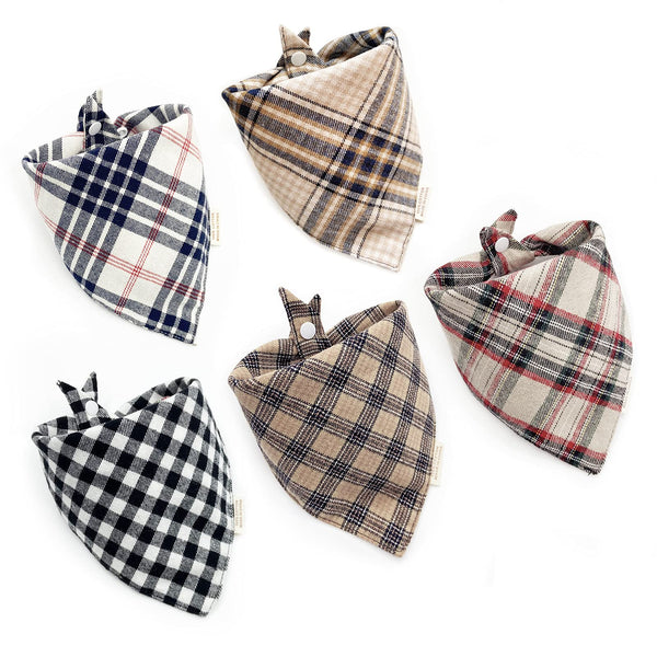 Fall 5PCS Dog Bandanas with Button - Autumn Thanksgiving Thick Triangle Bibs Dual Layer Soft Cotton Scarf for Small Medium Large Boy Girl Puppy Cat Pet Plaid Kerchief Halloween Costumes Outfits