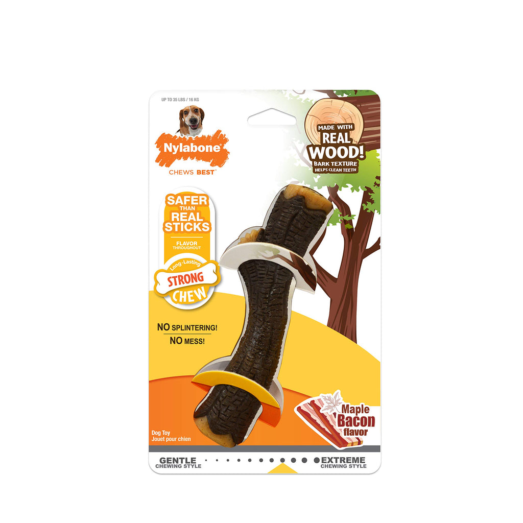 Nylabone Real Wood Stick Toy Strong Chew Toy for Dogs, Rubber Dog Toys for Moderate & Aggressive Chewers, Bacon Flavor, Medium - Up to 35 lbs, 1 Count