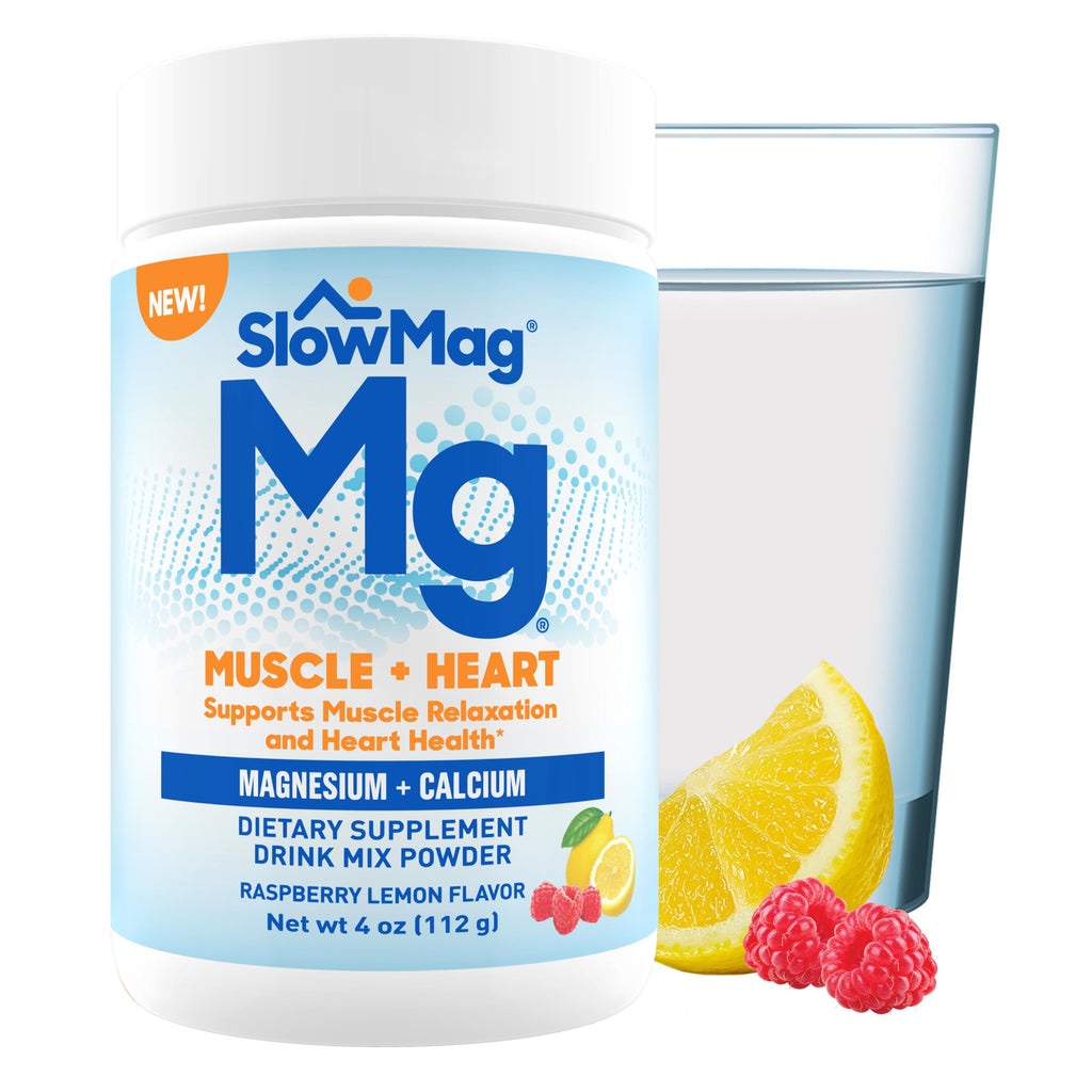 SlowMag® Magnesium Powder, Magnesium + Calcium Supplement Drink Mix, Raspberry Lemon Flavor, Supports Muscle Relaxation & Heart Health, 4oz