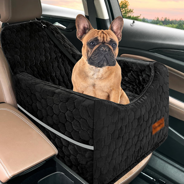 Dog Car Seat for Small Dogs, Memory Foam Dog Booster Seat, Elevated Pet Car Seat for Dogs up to 35 lbs, Travel Safety Dog Car Bed with Washable Removable Cover, Storage Pockets (Black)