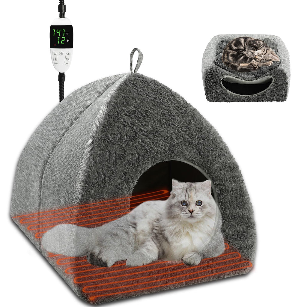 BWOGUE Indoor Heated Cat Bed, 2 in 1 Heated Cat Cave Bed with Temp Adjustable and Timer, Warming Cat Bed Thermo-Pet Nest for Indoor Cats Old Cats 16.9"×16.9"×16.1"(Light Grey Heating Mat)