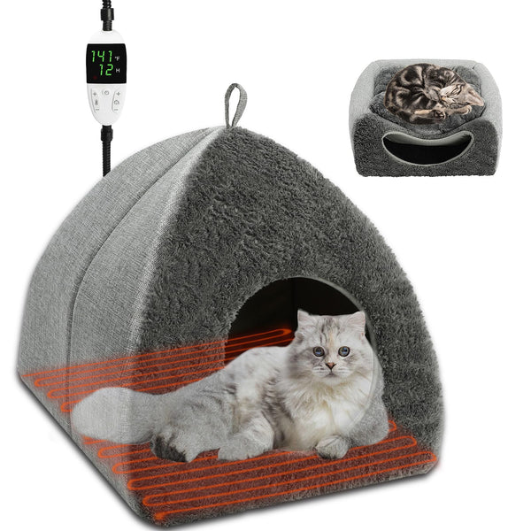 BWOGUE Indoor Heated Cat Bed, 2 in 1 Heated Cat Cave Bed with Temp Adjustable and Timer, Warming Cat Bed Thermo-Pet Nest for Indoor Cats Old Cats 16.9"×16.9"×16.1"(Light Grey Heating Mat)