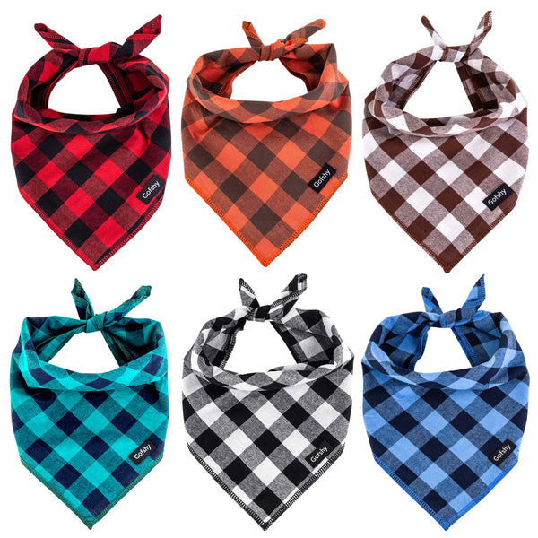 Gofshy Buffalo Plaid Dog Bandanas Fall Christmas X-Large 6PCS Dog Gifts Red Blue Green Orange Black Brown Scarf Adjustable Kerchief for Medium Large Pets