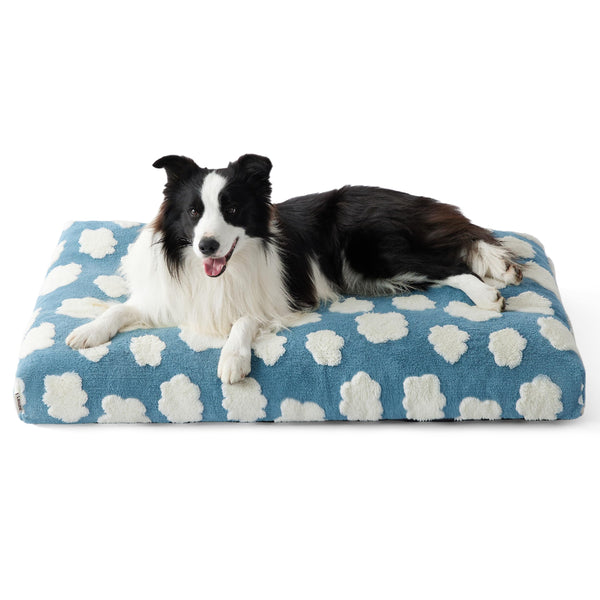 Lesure Cute Large Dog Bed for Crate-Thick Shredded Chopped Foam Pet Bed Indoor with Removable Washable Cover, Modern Fuzzy Plush & Anti Slip Bottom, Blue