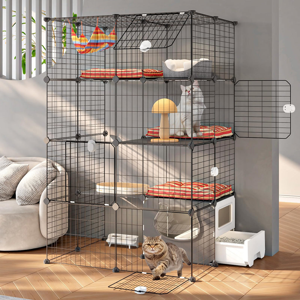 Oneluck Cat Cage with Litter Box, 4-Tier DIY Enclosures Detachable Metal Wire Kennel Indoor Crate Large Exercise Place Ideal for 1-2 Cats