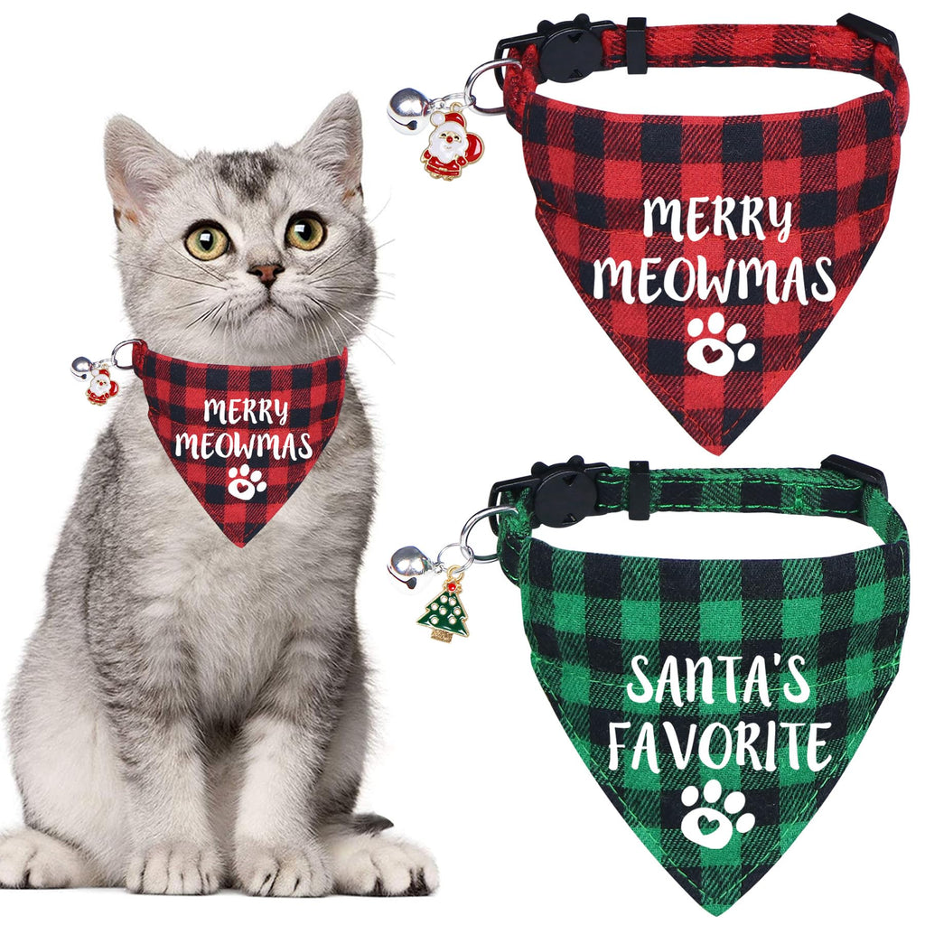 STMK 2 Pack Christmas Cat Bandana Collar with Bell, Breakaway Holiday Cat Kitten Bandana Collar with Bell for Cats Costumes Outfits (Merry Meowmas & Santa's Favorite)