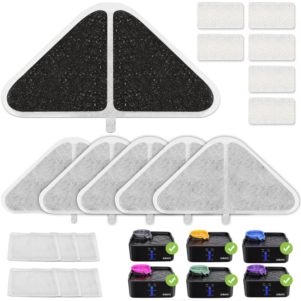 SIBAYS Cat Water Fountain Filters, Replacement Water Fountain Filters for 230oz/7L Pet Water Fountains, Made of Food Grade Activated Carbon and PP Cotton, 6pcs Filter + 6pcs Mesh + 6pcs Sponge