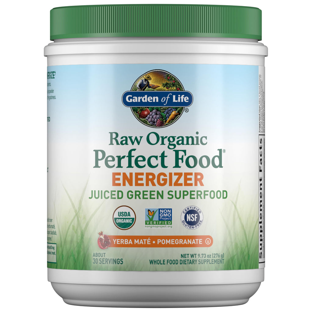 Garden of Life Raw Organic Perfect Food Energizer Juiced Green Superfood Powder - Yerba Mate Pomegranate, & Probiotics, Gluten Free Whole Food Greens Supplements, 30 Servings, 9.73 Oz