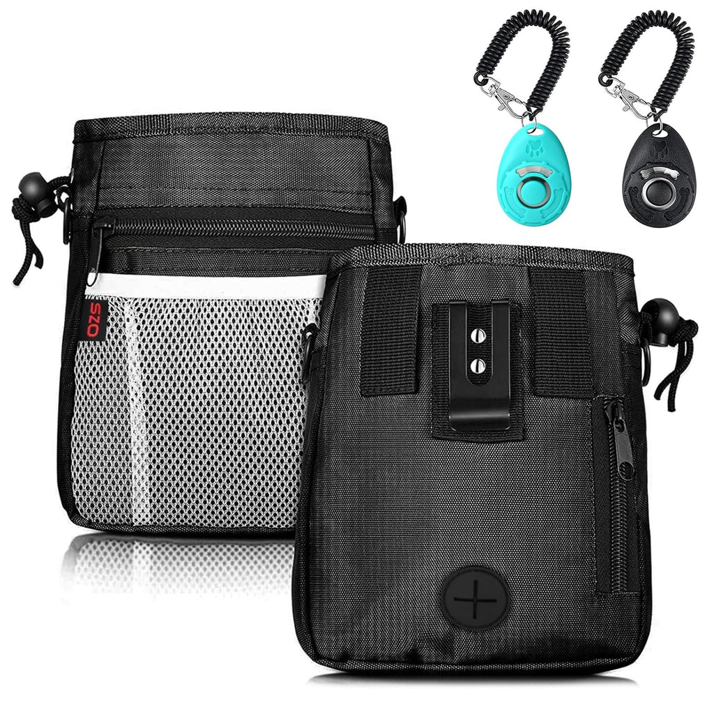 Dog Treat Pouch - 3 Ways to Wear Treat Pouches for Pet Training and 2 Pieces Clicker Taining for Dogs, Dog Training Treat Pouch Bag and Dog Clicker for Training with Waist Belt Shoulder Strap - Black