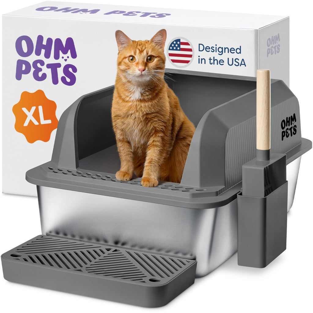 OHM Pets XL Stainless Steel Cat Litter Box – 20L Non-Stick, Rust-Proof Metal Litter Box with High Sides for Spill Prevention, Durable and Easy to Clean, Includes Scoop & Tray, Grey