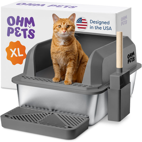 OHM Pets XL Stainless Steel Cat Litter Box – 20L Non-Stick, Rust-Proof Metal Litter Box with High Sides for Spill Prevention, Durable and Easy to Clean, Includes Scoop & Tray, Grey