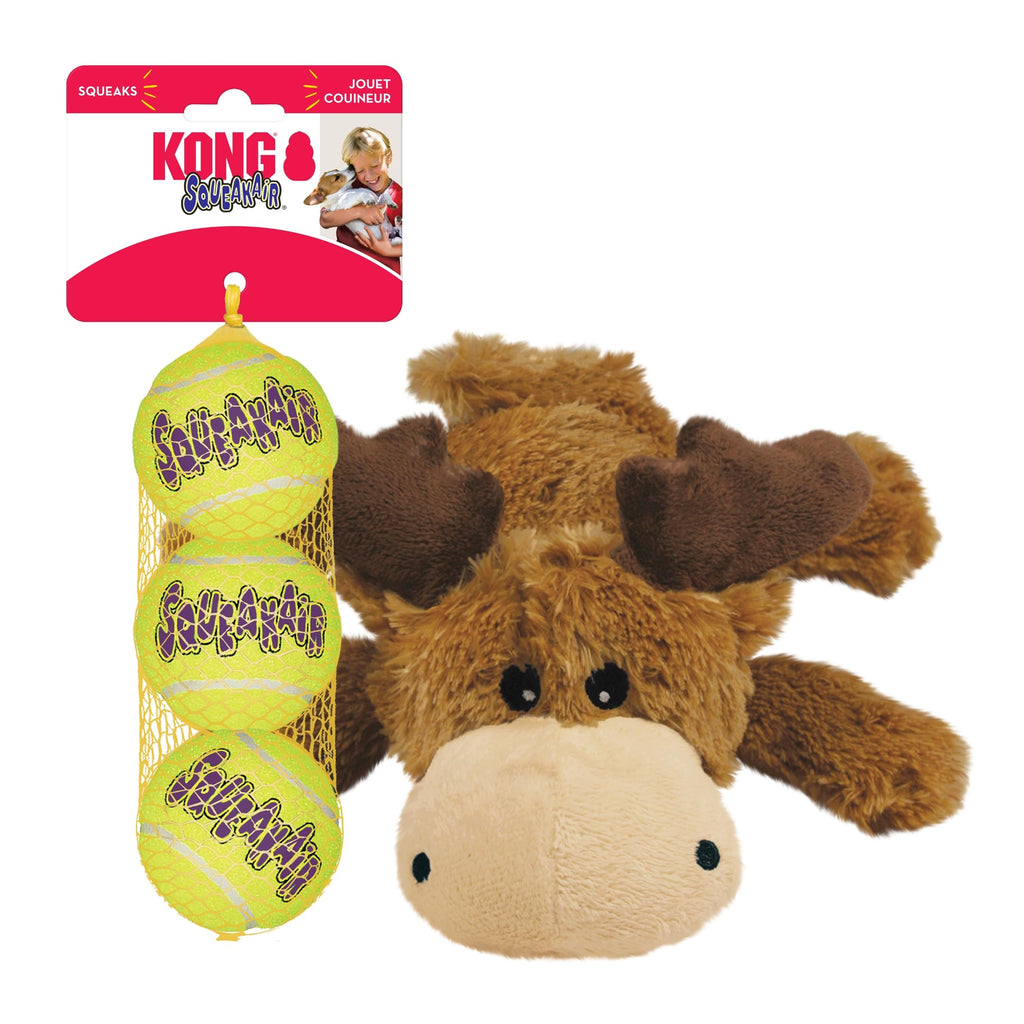 KONG Cozie Marvin Moose & SqueakAir Balls (3 Pack) - Dog Fetch & Chew Toys for Fun - Soft Toy Moose for Indoor Play - Durable Dog Toy Balls for Outdoor Play - for Medium Dogs