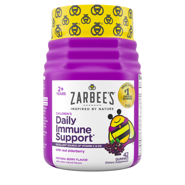 Zarbee's Children's Daily Immune Support Gummies with Real Elderberry + Vitamins A, C, D, E & Zinc to Help Promote a Healthy Immune System, No Artificial Flavors, Gluten-Free, 42 ct