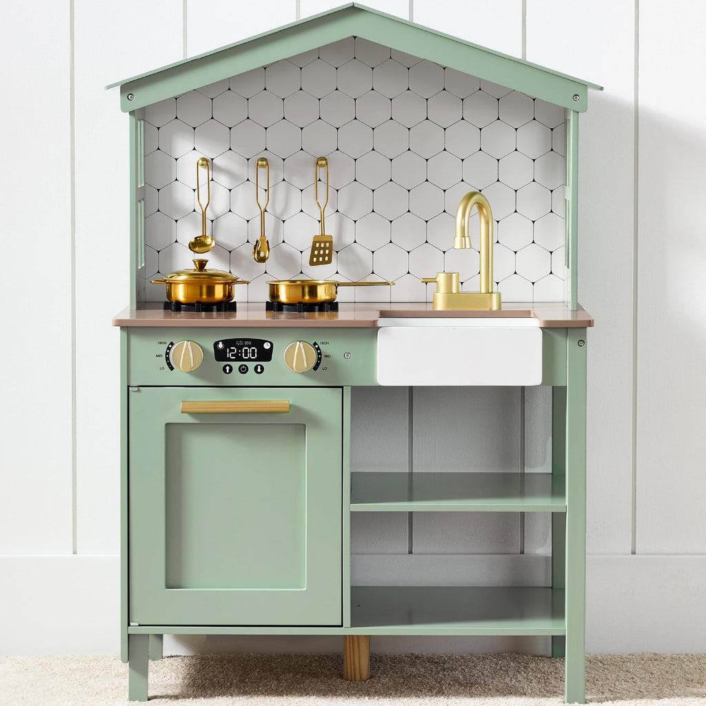 Best Choice Products Pretend Play Wooden Farmhouse Kitchen Set for Kids w/Toy Storage, Clicking Knobs, Windows, 5 Accessories Included - Sage