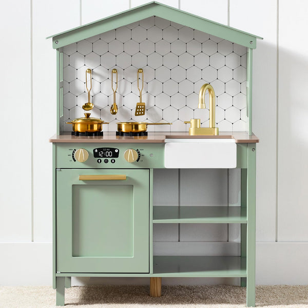 Best Choice Products Pretend Play Wooden Farmhouse Kitchen Set for Kids w/Toy Storage, Clicking Knobs, Windows, 5 Accessories Included - Sage