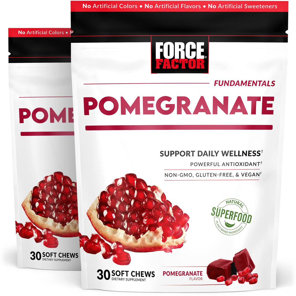Force Factor Pomegranate Soft Chews for Healthy Aging, Heart Health, Bone Health, & Brain Health, Superfood & Antioxidants Supplement, Non-GMO, Gluten-Free, Vegan, Pomegranate Flavor, 60 Soft Chews