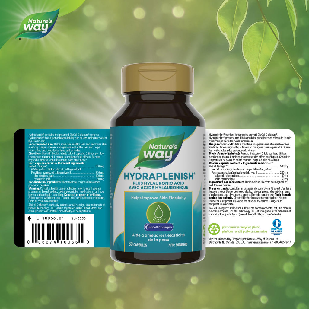Nature’s Way Hydraplenish, with Unique BioCell Collagen, Hyaluronic Acid, Supports Healthy Skin*, Promotes Skin Collagen Production*, Promotes Skin Elasticity,* 60 Capsules (Packaging May Vary)