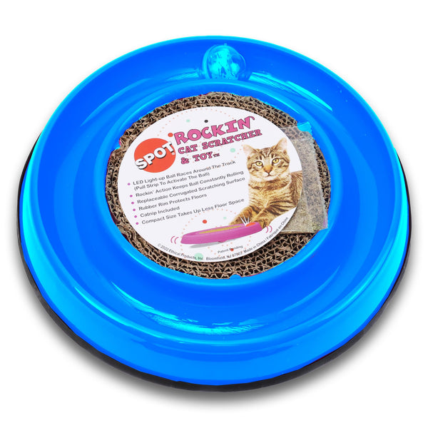 SPOT Rockin' Cat Scratcher Toy- Interactive Cat and Kitten Toy with LED Light Up Ball, Wobble Action, Corrugated 5 Inch Scratching Pad for Claw Grooming and Bag of Catnip, Assorted Colors, 1pc