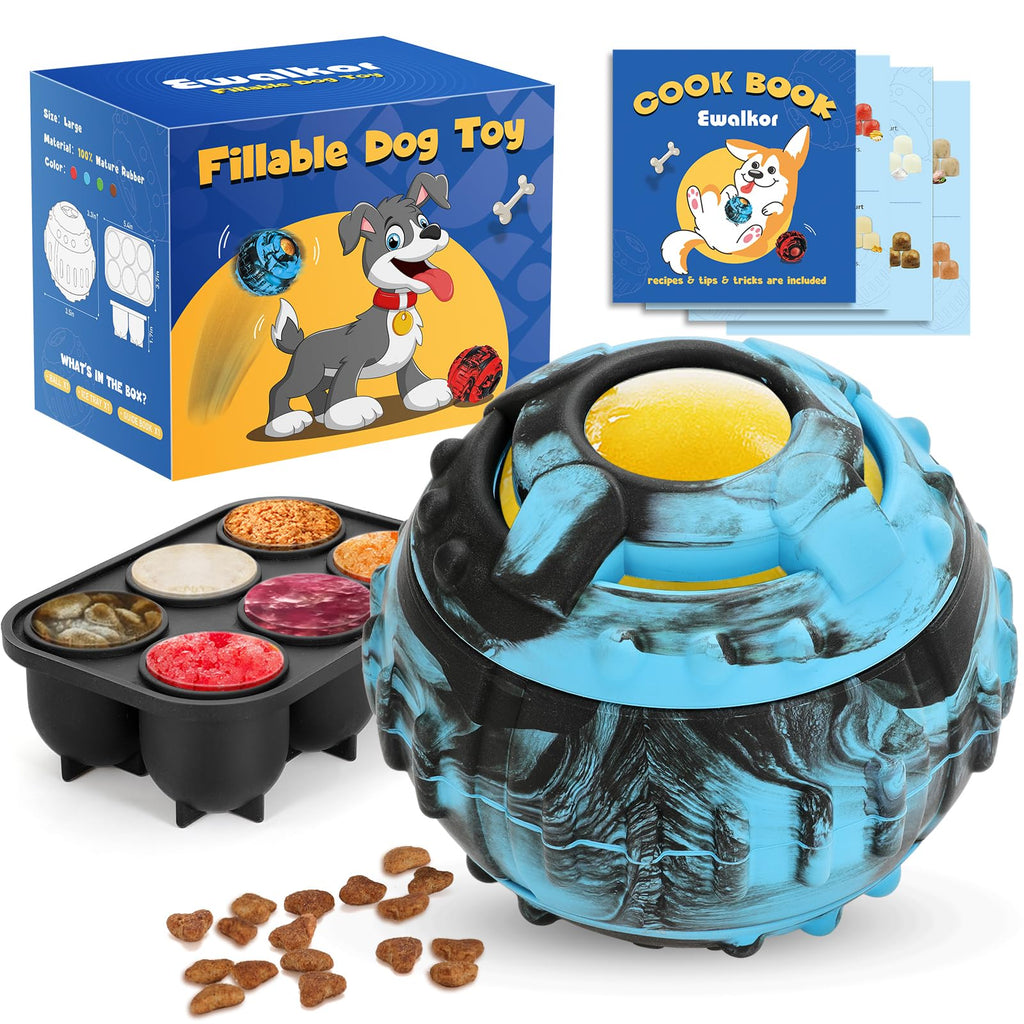 4-IN-1 Dog Toys - Frozen Dog Treat to Keep Them Busy, Treats Puzzle Ball Toy, Interactive Treat Dispensing Dog Toy, Durable Rubber Chew Toys, DIY Freezable Fillable Treat Toy, Mental Enrichment Toys