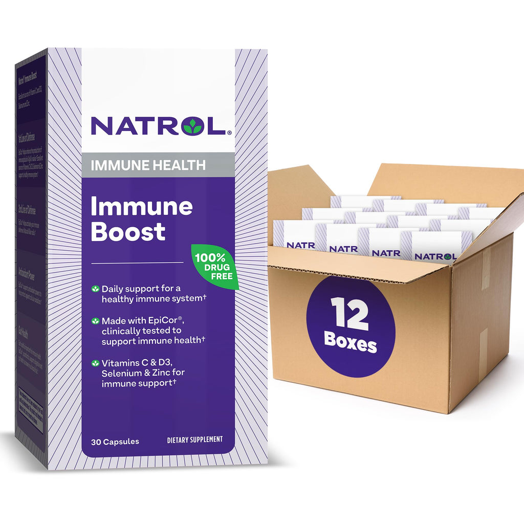 Natrol Immune Boost Capsules, Immune Support, Made with EpiCor Clinically Tested, Includes Vitamins C, D3, Selenium and Zinc, 30 Count (Pack of 12)