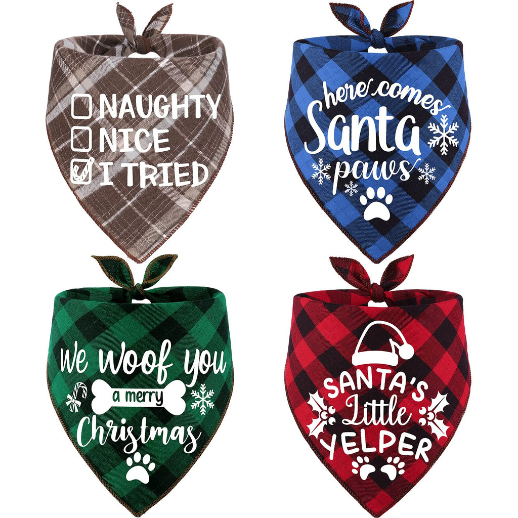 4 Pack Christmas Dog Scarves - Plaid Triangle Bandanas for Small to Large Dogs and Cats - Holiday Pet Accessories Gift Set