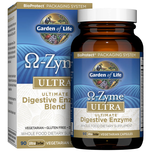 Garden of Life 21 Powerful Digestive Enzymes with Papain, Bromelain, Lipase, Ginger, Turmeric for Complete Digestion of Protein, Carbs & Fats – Omega-Zyme Ultra, Gluten-Free, Vegetarian, 90 Capsules