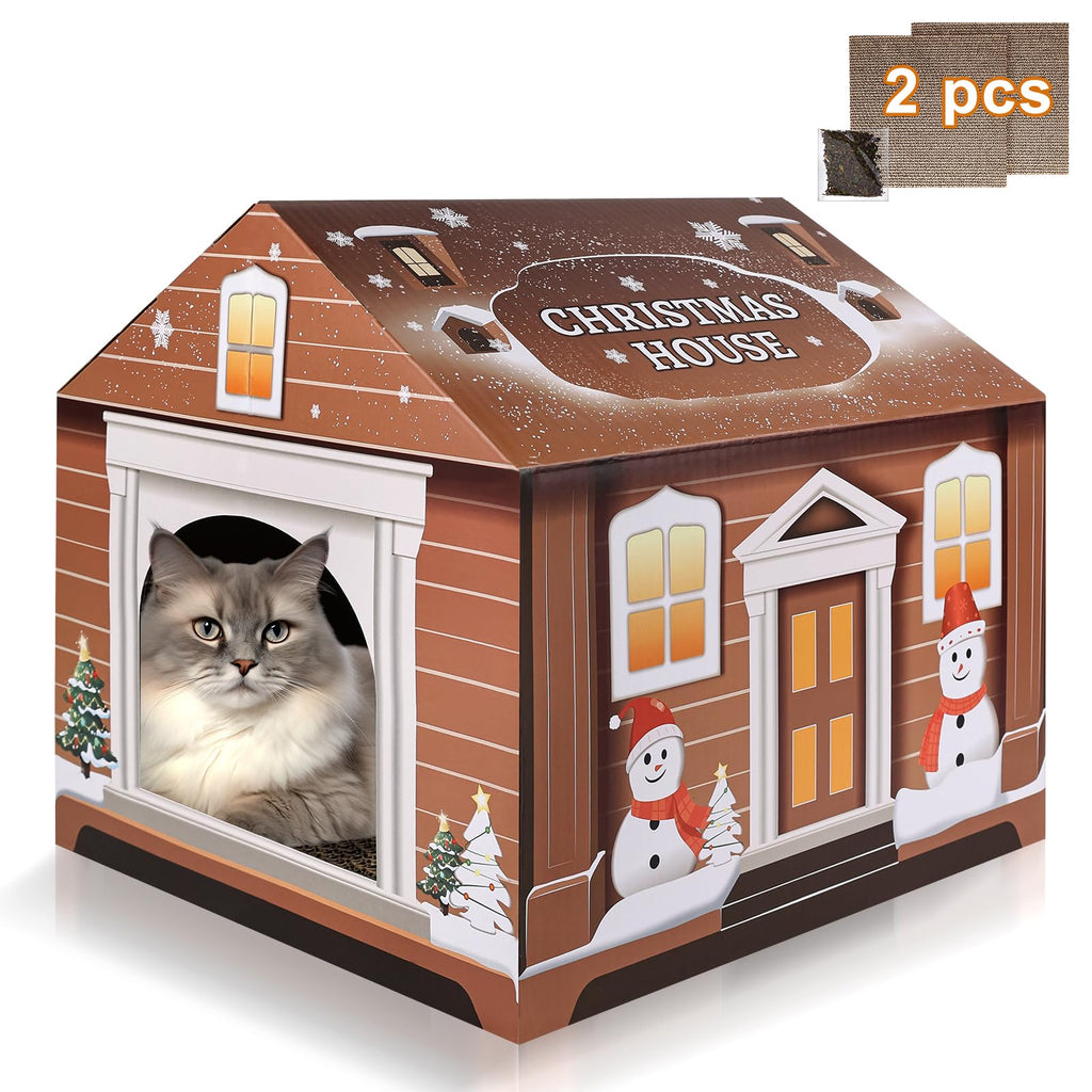 Cardboard Cat House with 2pc Scratcher&Catnip - Christmas Cat House for Indoor Cats (14"x14"x13") - Cat Scratcher House for Cat Birthday, Bunnies, and Small