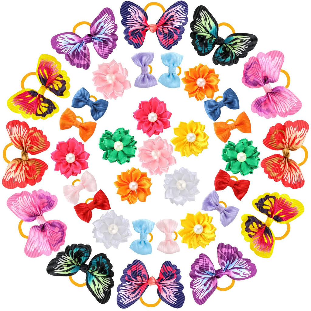 Janinka 36 Pieces Dog Hair Bows with Rubber Bands Butterfly Small Dog Knotted Bows Flower Pearls Elastic Hair Ties Bands for Pets Puppy Cats Grooming Accessories (Fresh Color)