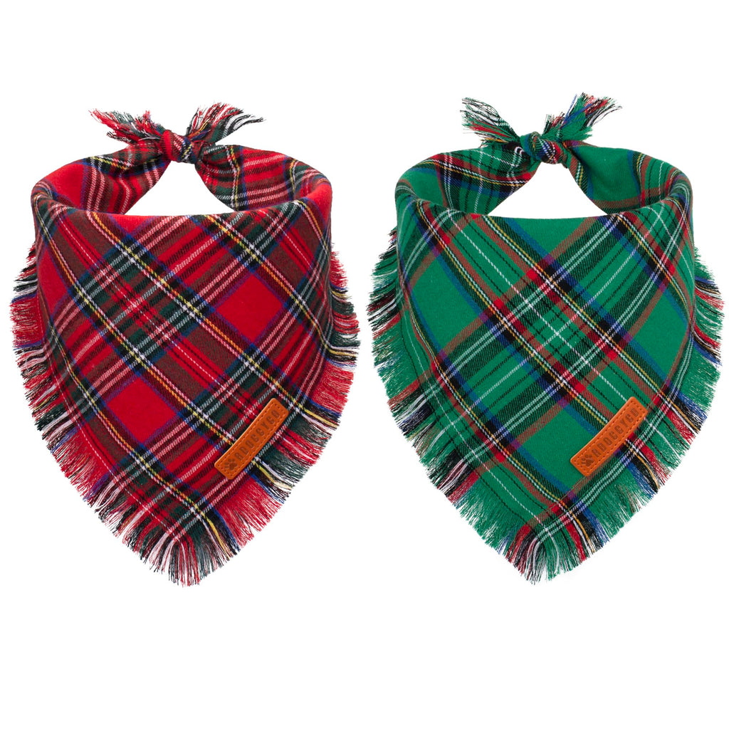 ADOGGYGO Christmas Dog Bandanas with Tassels, Stylish Plaid Dog Scarf Bib, Premium Cotton Fabric, Red Green Christmas Bandanas for Medium Large Dogs Pets (Large)