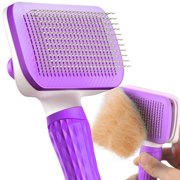 ACE2ACE Self-Cleaning Slicker Brush for Long and Short Pet Fur - Removes Hair With One Button