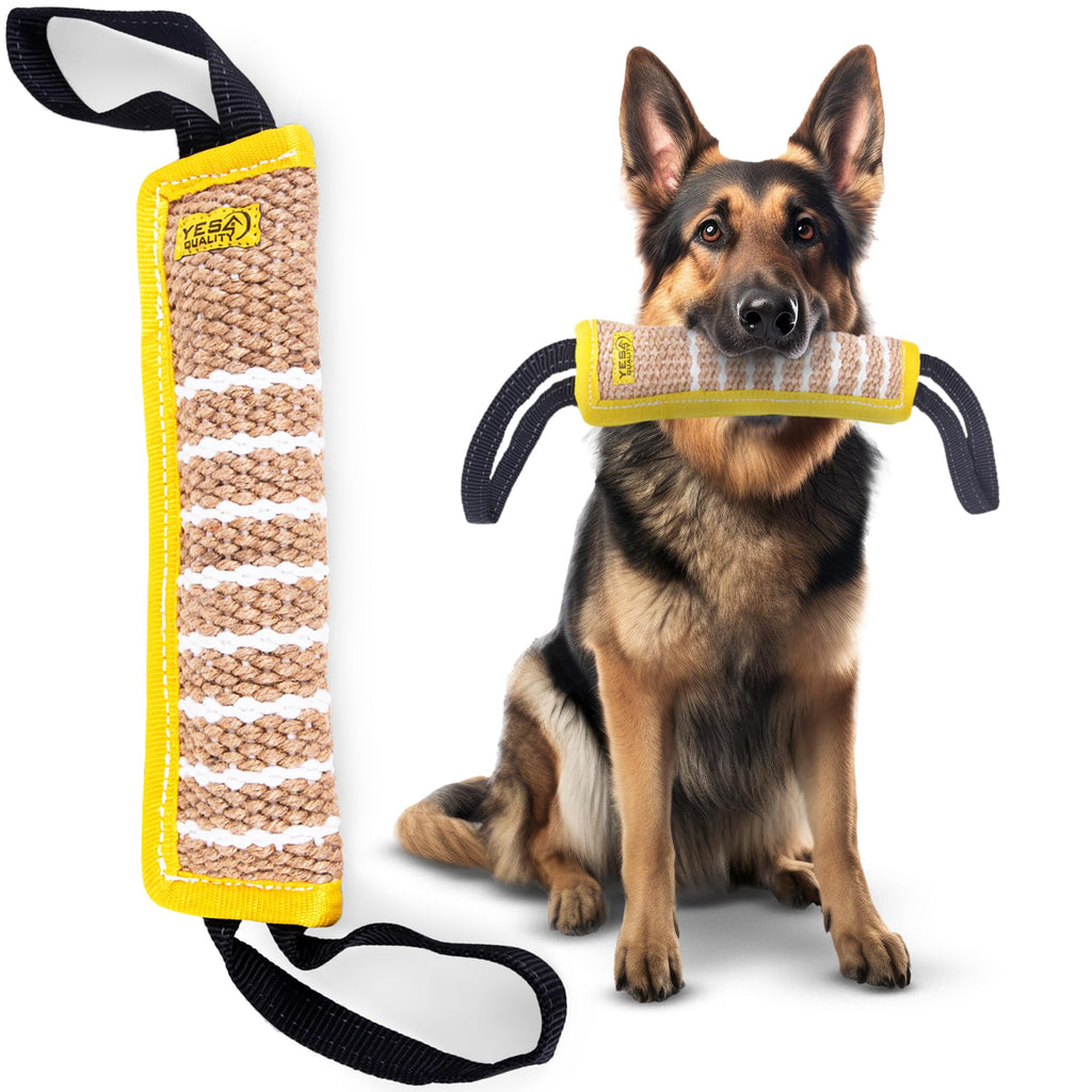 Dog Bite Tug Toy 12 x 3.2 Inches - Durable Pull Toy with 2 Soft & Strong Handles - Tough Jute Bite Pillow for Medium to Large Dogs - Ideal for Tug of War, Fetch, K9, Puppy Training & Interactive Play